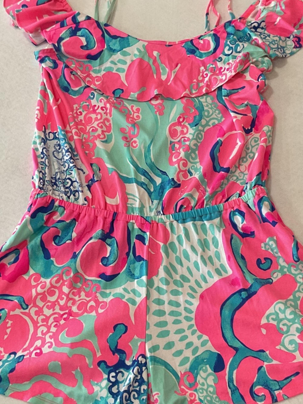 Lilly Pulitzer Pink & Aqua Printed Romper with Ruffle Neckline